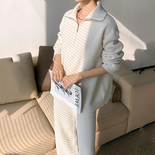 Spring Autumn New Solid Knit Two-Piece Set Women Lapel Half-Zipper Pullover Sweater+High Waist Wide Leg Pants Women Knitted Suit