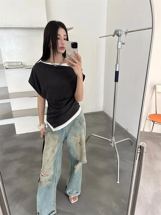 off Shoulder Patchwork Asymmetrical Top for Woman 2025 Summer T Shirt Designer Tees Solid Top Clothing