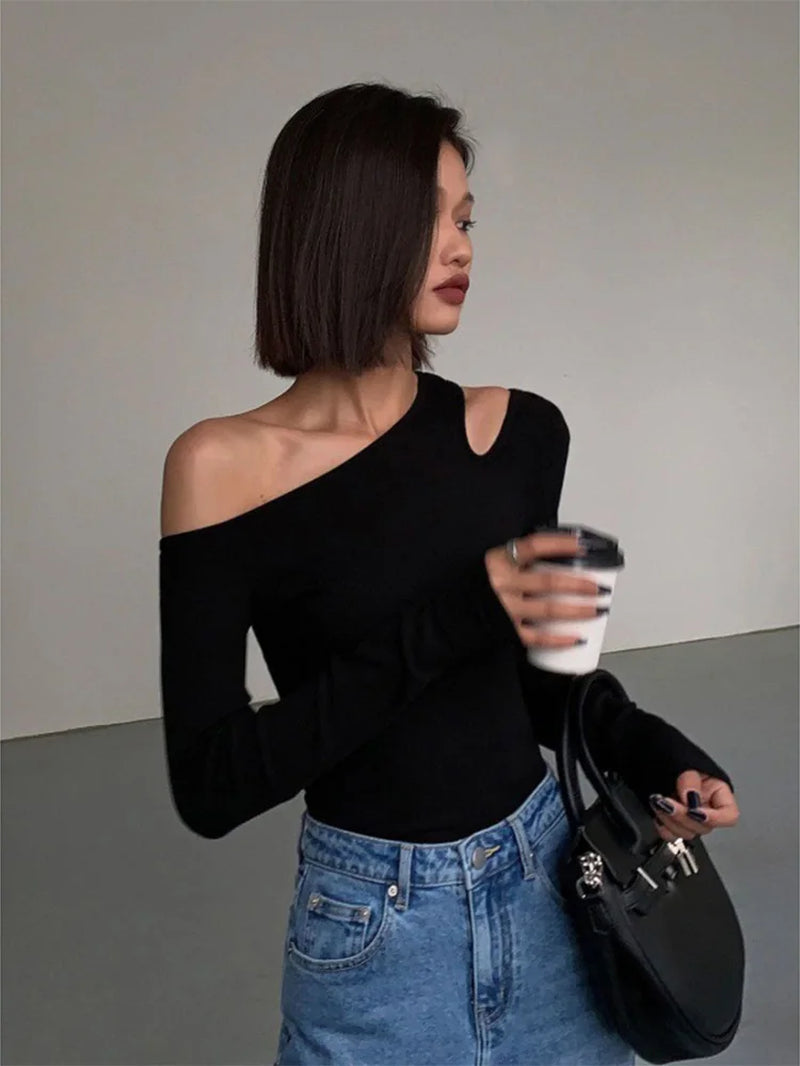Fashion Skew Collar Off-Shoulder Long-Sleeved T-Shirts Women Spring New Solid Slim Fit Crop Top Sexy Hollow Out Tees Shirts