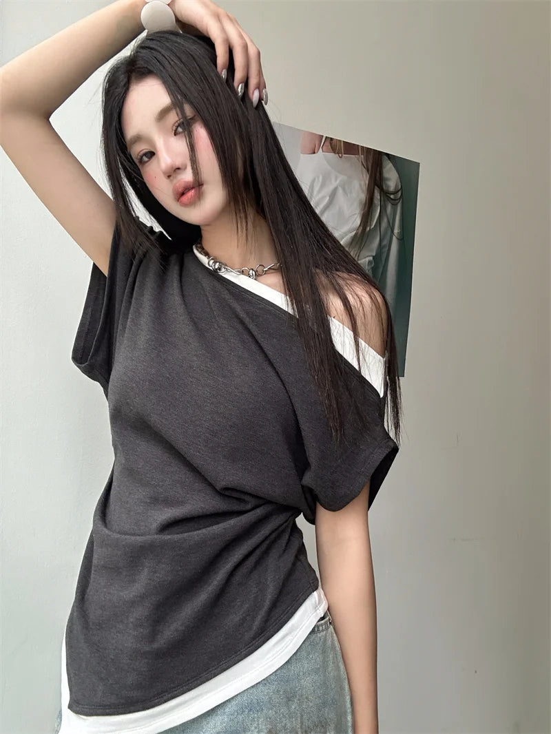 off Shoulder Patchwork Asymmetrical Top for Woman 2025 Summer T Shirt Designer Tees Solid Top Clothing