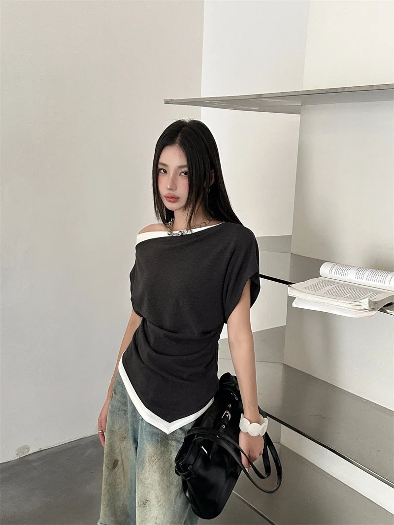 off Shoulder Patchwork Asymmetrical Top for Woman 2025 Summer T Shirt Designer Tees Solid Top Clothing