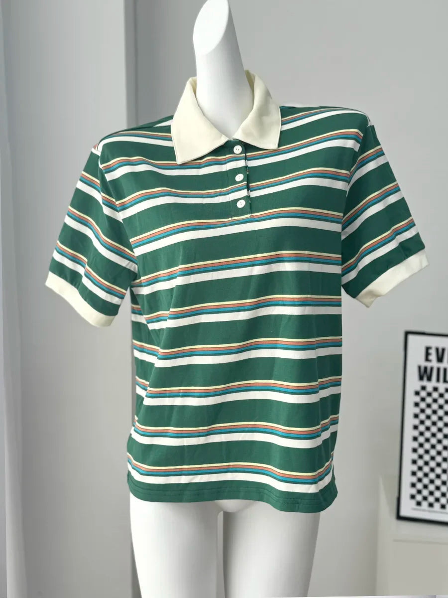 Polo Neck T Shirt Women Soft Chic Tees 95% Cotton Jumper Clothes Loose Casual Pullover 2025 Summer New Crop Tops364