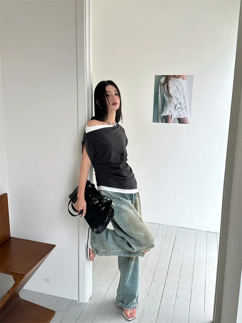 off Shoulder Patchwork Asymmetrical Top for Woman 2025 Summer T Shirt Designer Tees Solid Top Clothing