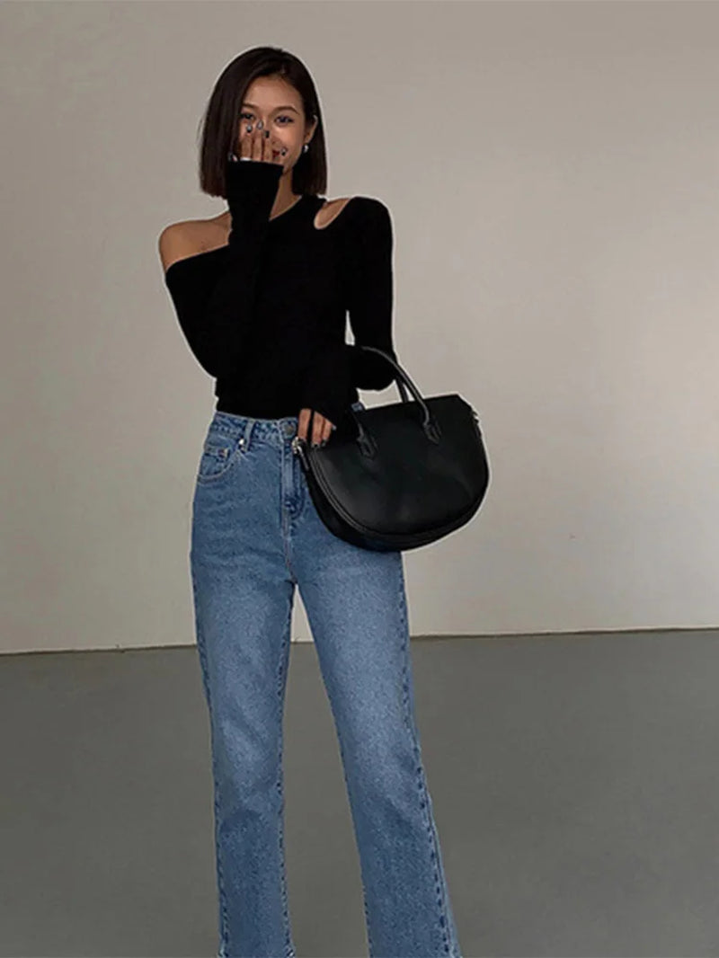 Fashion Skew Collar Off-Shoulder Long-Sleeved T-Shirts Women Spring New Solid Slim Fit Crop Top Sexy Hollow Out Tees Shirts