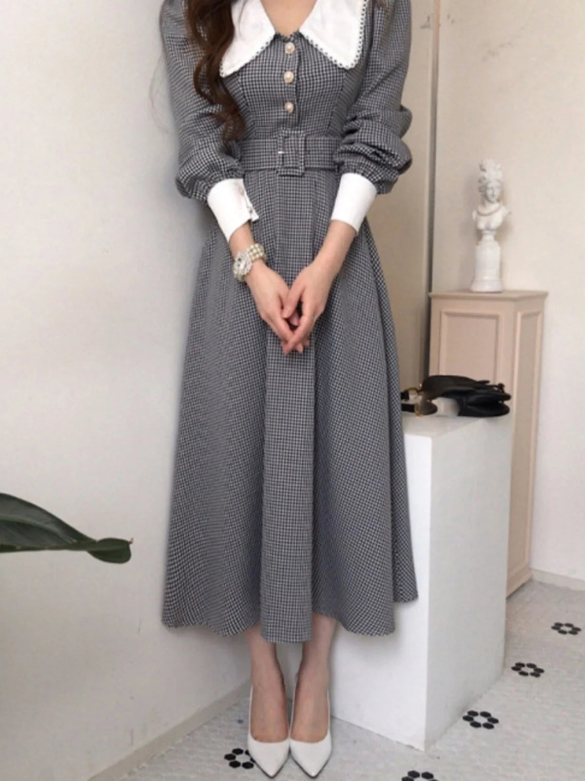 Plaid A-Line Dr Women'S Retro High Waist Belted Doll Collar Dr Korean Sle Long Dr with Belt Spring Season Long Sve