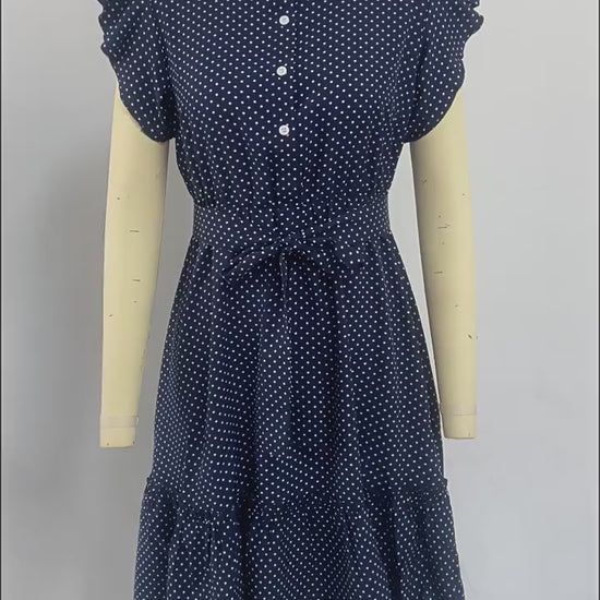Ruizhen crossborder vacation polka dot dress 2025 summer European and American temperament lotus leaf short sleeves laceup Aline skirt for women
