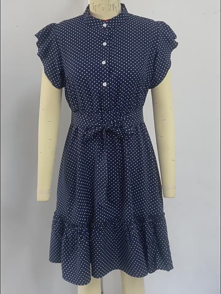 Ruizhen crossborder vacation polka dot dress 2025 summer European and American temperament lotus leaf short sleeves laceup Aline skirt for women